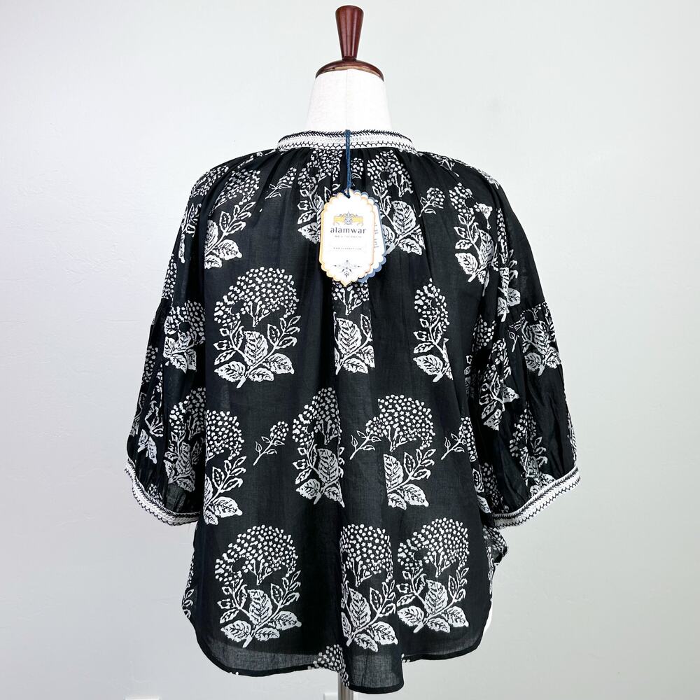 Alamwar India XL Black Floral Block Prink Bohemian Tassel Tie Cotton Blouse NWT - Picture 8 of 12